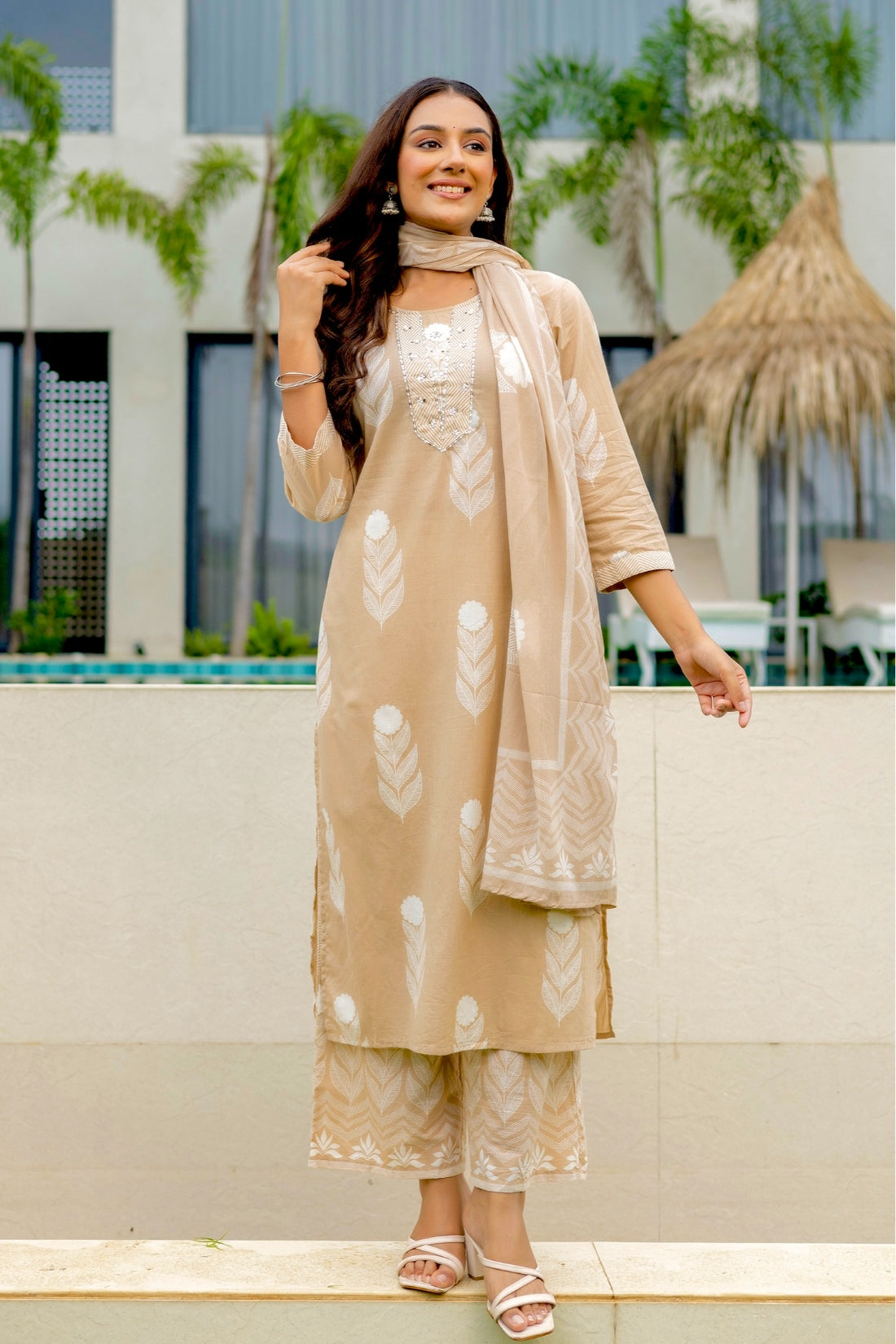 Beige Motif Print Plackett Highlight Kurta Set with Palazzo Pants and Dupatta