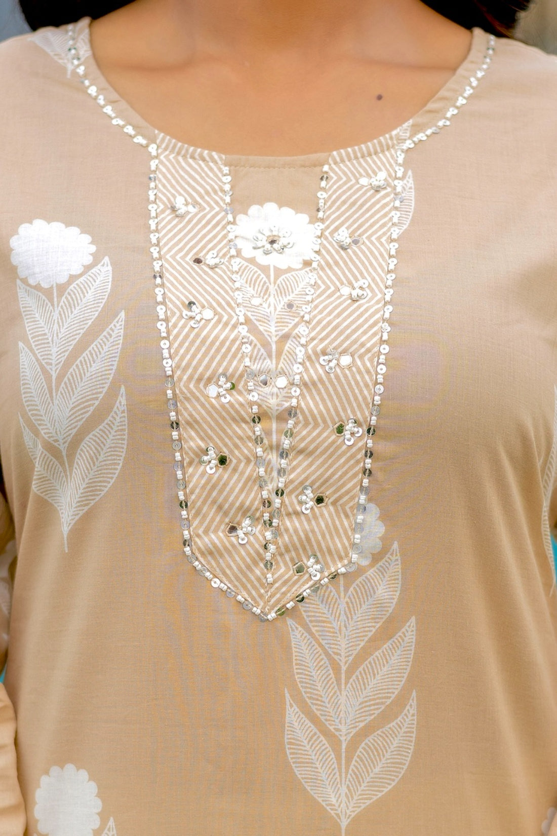 Beige Motif Print Plackett Highlight Kurta Set with Palazzo Pants and Dupatta
