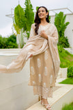 Beige Motif Print Plackett Highlight Kurta Set with Palazzo Pants and Dupatta