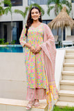 Yellow Pintucks Detail Floral A-line Suit Set with Palazzo Pants and Dupatta