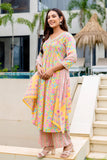 Yellow Pintucks Detail Floral A-line Suit Set with Palazzo Pants and Dupatta