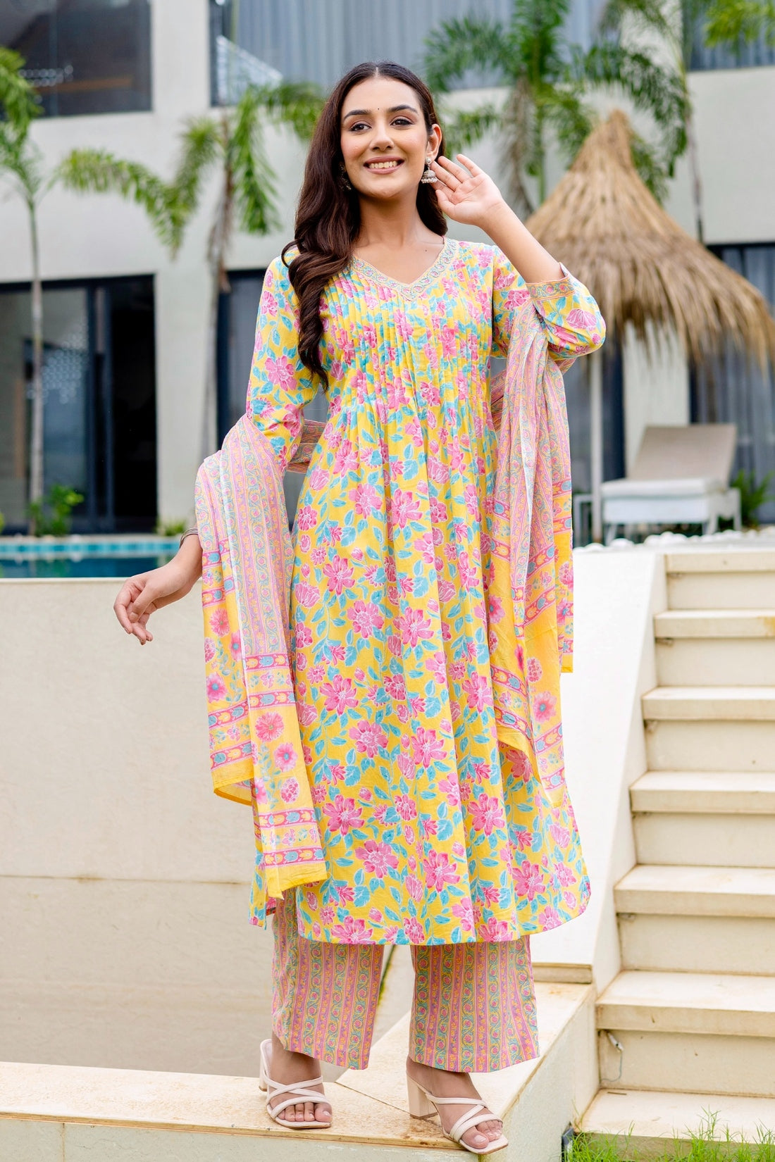 Yellow Pintucks Detail Floral A-line Suit Set with Palazzo Pants and Dupatta