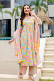 Yellow Pintucks Detail Floral A-line Suit Set with Palazzo Pants and Dupatta