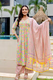 Yellow Pintucks Detail Floral A-line Suit Set with Palazzo Pants and Dupatta