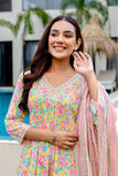 Yellow Pintucks Detail Floral A-line Suit Set with Palazzo Pants and Dupatta