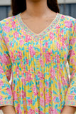 Yellow Pintucks Detail Floral A-line Suit Set with Palazzo Pants and Dupatta