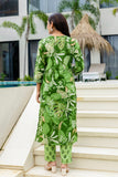 Green V-neck Printed Cotton Kurta Set with Trousers and Dupatta