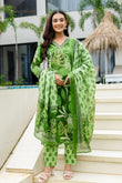 Green V-neck Printed Cotton Kurta Set with Trousers and Dupatta