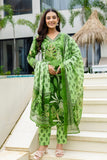 Green V-neck Printed Cotton Kurta Set with Trousers and Dupatta