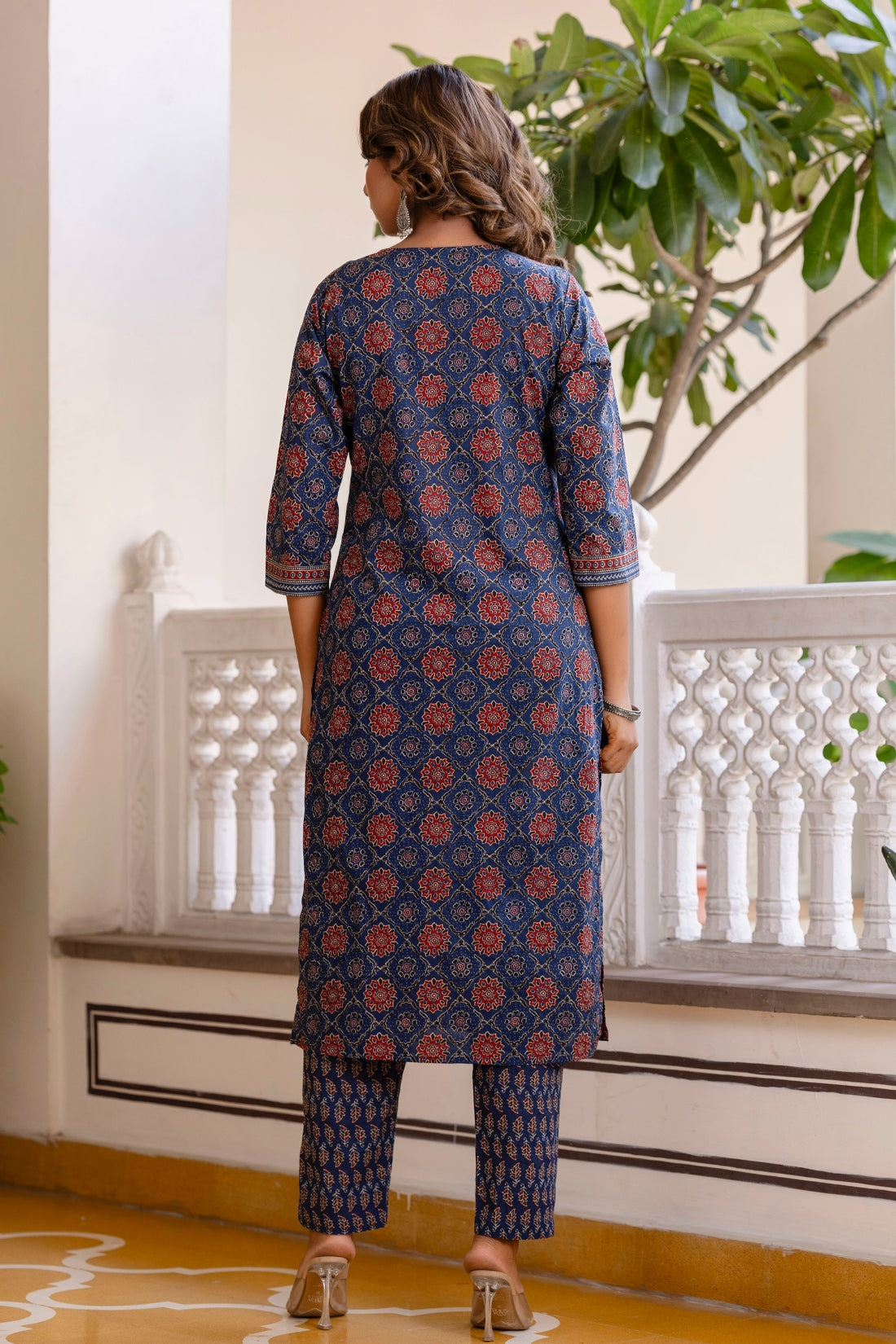 Blue Ajrakh Print Cotton Kurta Set with Trousers and Dupatta