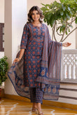 Blue Ajrakh Print Cotton Kurta Set with Trousers and Dupatta