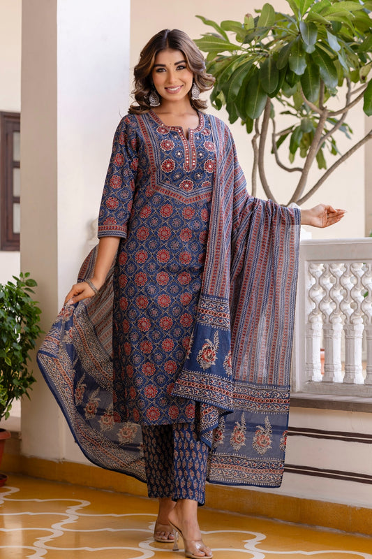 Blue Ajrakh Print Cotton Kurta Set with Trousers and Dupatta