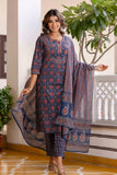 Blue Ajrakh Print Cotton Kurta Set with Trousers and Dupatta