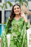 Green V-neck Printed Cotton Kurta Set with Trousers and Dupatta