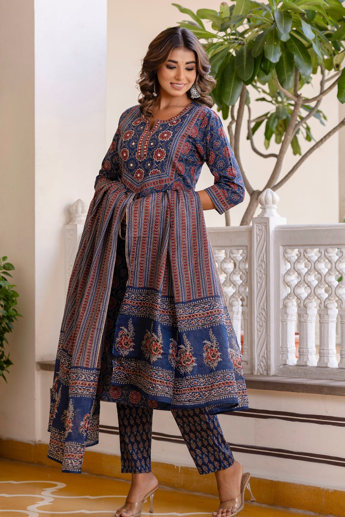 Blue Ajrakh Print Cotton Kurta Set with Trousers and Dupatta