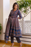 Blue Ajrakh Print Cotton Kurta Set with Trousers and Dupatta