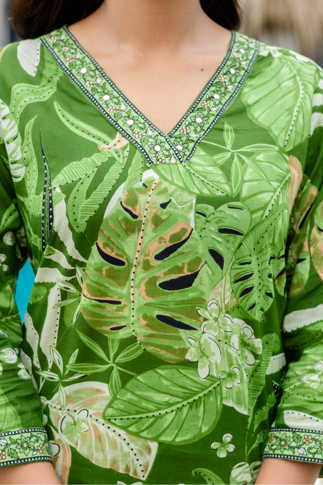 Green V-neck Printed Cotton Kurta Set with Trousers and Dupatta
