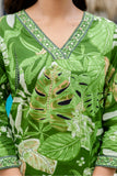 Green V-neck Printed Cotton Kurta Set with Trousers and Dupatta