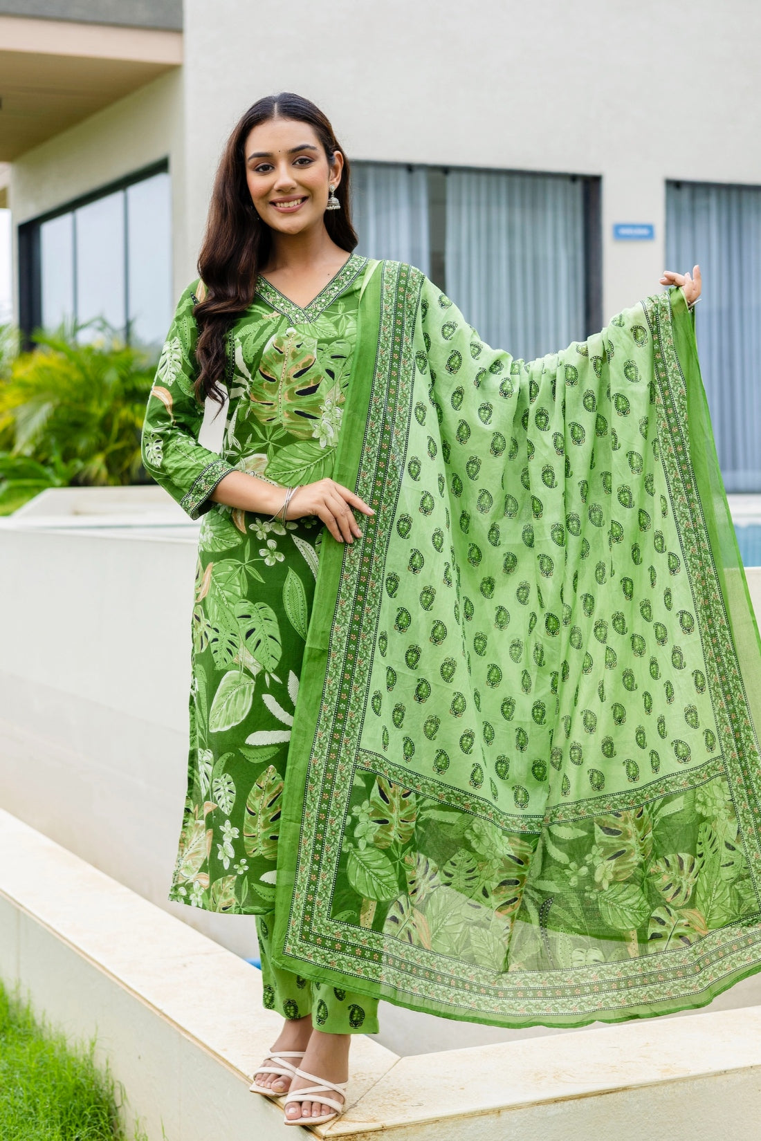 Green V-neck Printed Cotton Kurta Set with Trousers and Dupatta