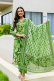 Green V-neck Printed Cotton Kurta Set with Trousers and Dupatta