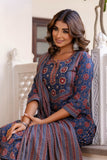 Blue Ajrakh Print Cotton Kurta Set with Trousers and Dupatta