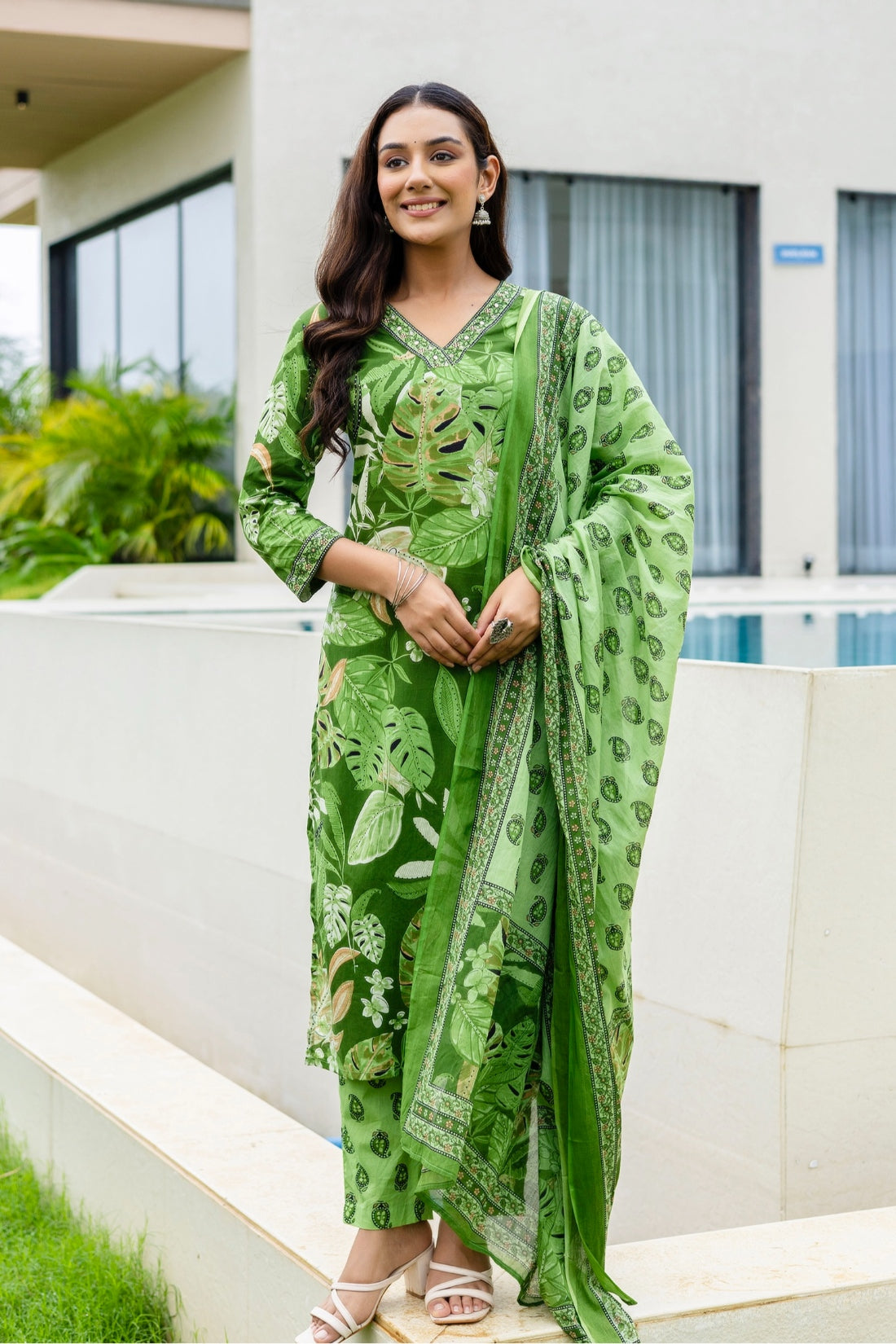 Green V-neck Printed Cotton Kurta Set with Trousers and Dupatta
