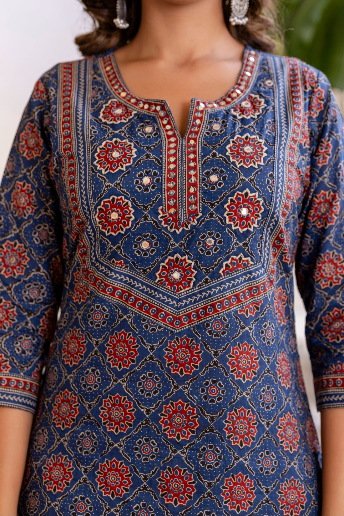 Blue Ajrakh Print Cotton Kurta Set with Trousers and Dupatta