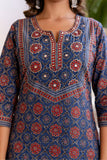 Blue Ajrakh Print Cotton Kurta Set with Trousers and Dupatta