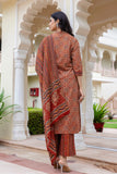Red Ajrakh Print Cotton Kurta Set with Palazzo Pants and Dupatta