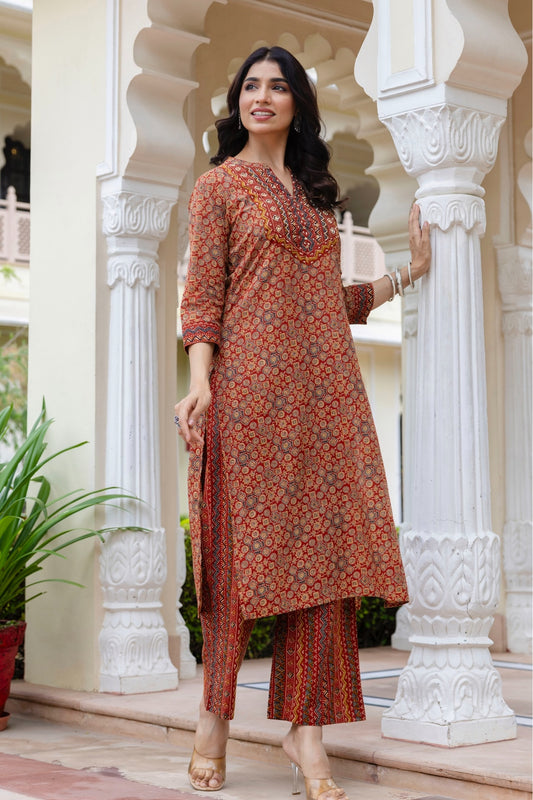 Red Ajrakh Print Cotton Kurta Set with Palazzo Pants and Dupatta