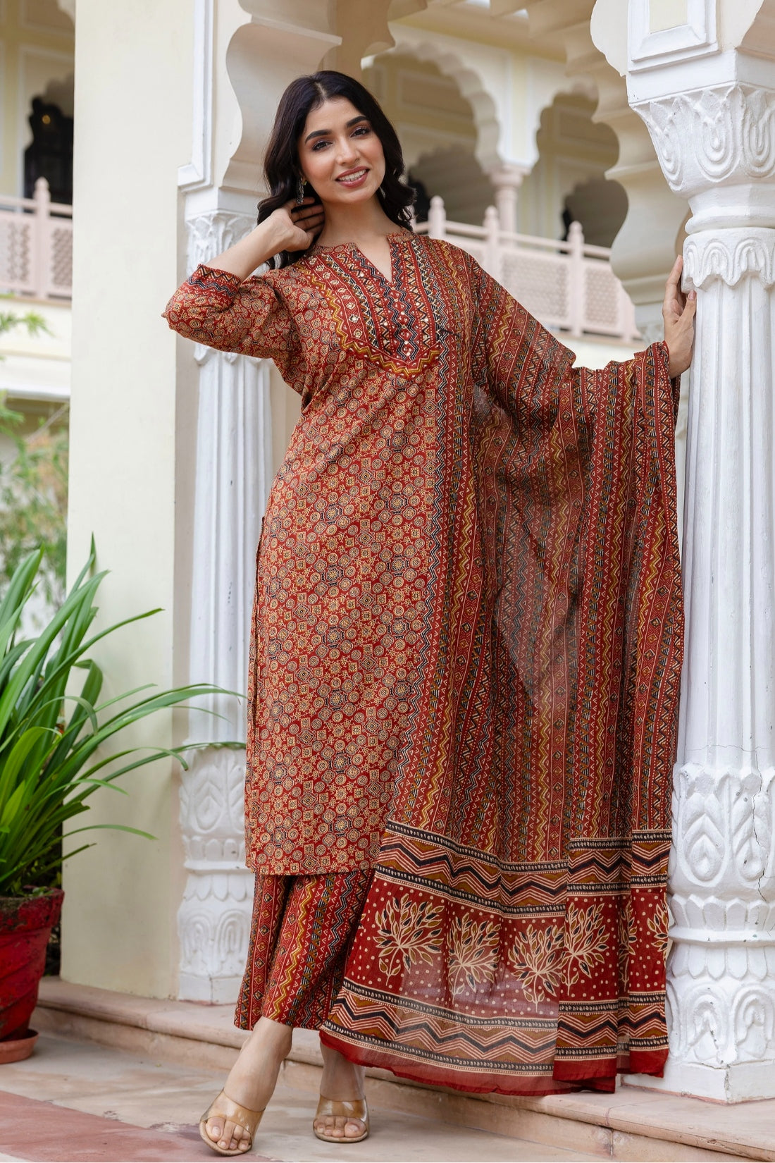 Red Ajrakh Print Cotton Kurta Set with Palazzo Pants and Dupatta