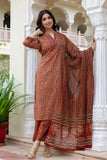 Red Ajrakh Print Cotton Kurta Set with Palazzo Pants and Dupatta