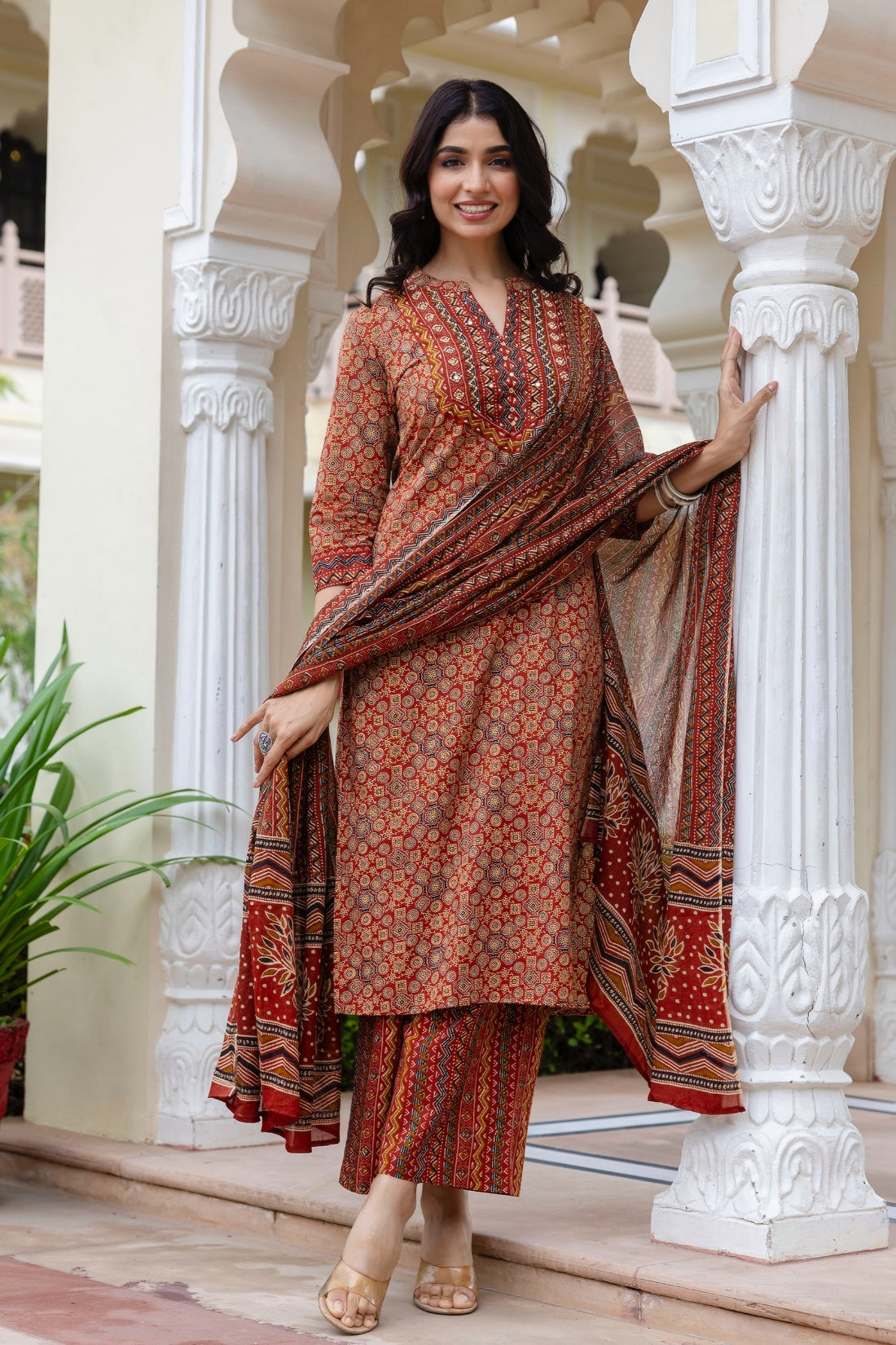 Red Ajrakh Print Cotton Kurta Set with Palazzo Pants and Dupatta