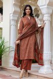 Red Ajrakh Print Cotton Kurta Set with Palazzo Pants and Dupatta
