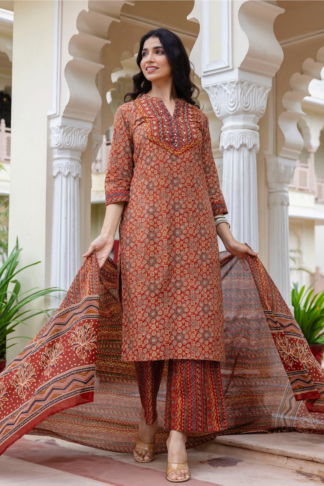 Red Ajrakh Print Cotton Kurta Set with Palazzo Pants and Dupatta