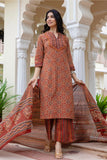 Red Ajrakh Print Cotton Kurta Set with Palazzo Pants and Dupatta