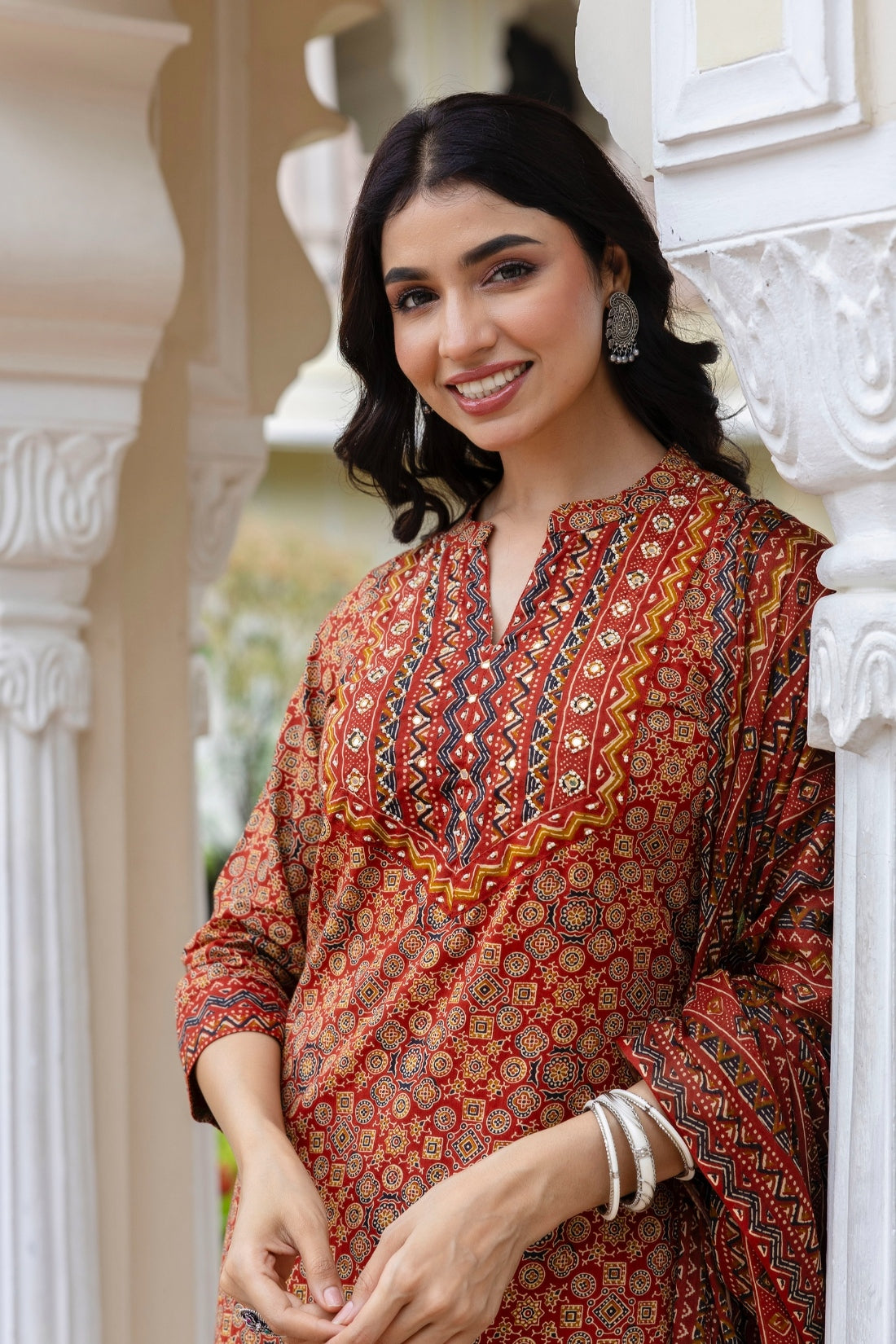 Red Ajrakh Print Cotton Kurta Set with Palazzo Pants and Dupatta