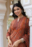 Red Ajrakh Print Cotton Kurta Set with Palazzo Pants and Dupatta