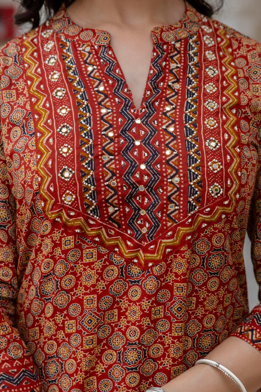 Red Ajrakh Print Cotton Kurta Set with Palazzo Pants and Dupatta