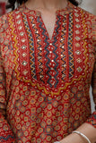 Red Ajrakh Print Cotton Kurta Set with Palazzo Pants and Dupatta