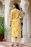 Soothing Yellow Floral Print Plackett Highlight Kurta Set with Palazzo Pants and Dupatta