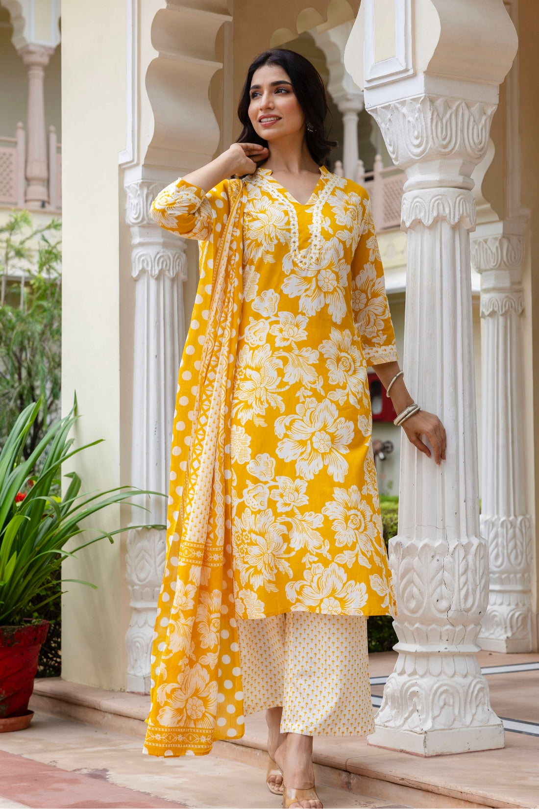 Soothing Yellow Floral Print Plackett Highlight Kurta Set with Palazzo Pants and Dupatta