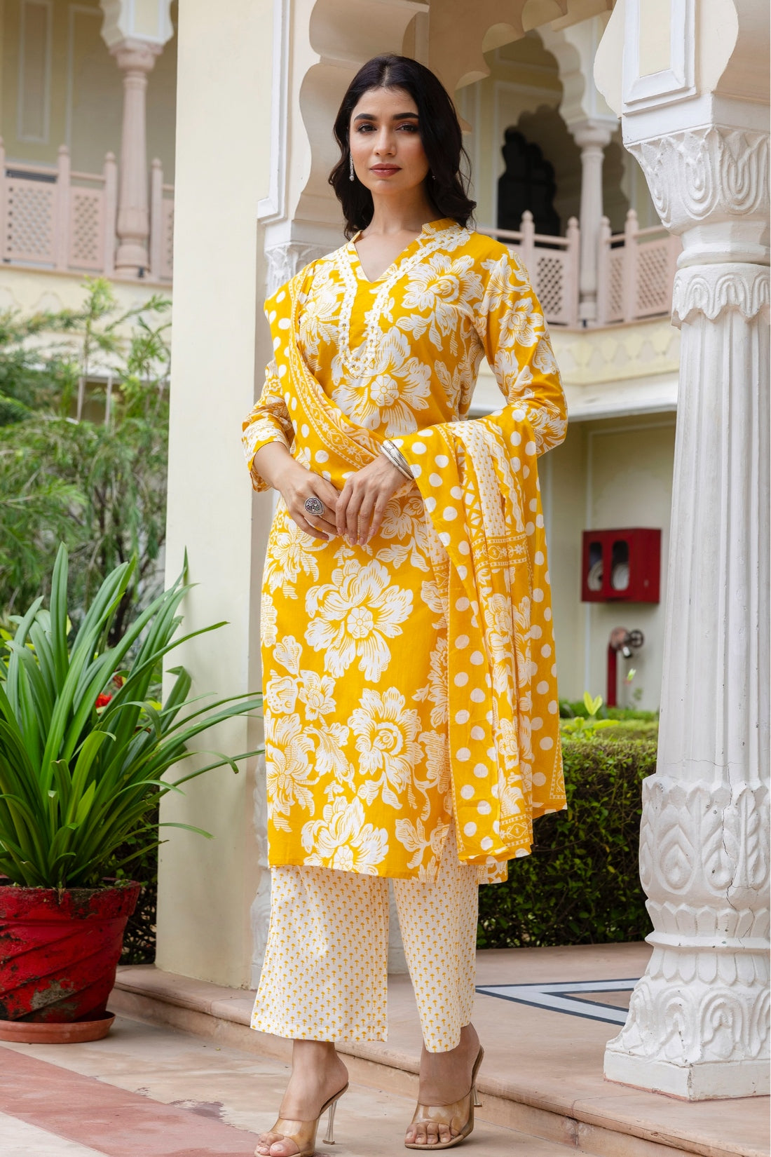 Soothing Yellow Floral Print Plackett Highlight Kurta Set with Palazzo Pants and Dupatta