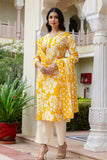 Soothing Yellow Floral Print Plackett Highlight Kurta Set with Palazzo Pants and Dupatta