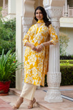 Soothing Yellow Floral Print Plackett Highlight Kurta Set with Palazzo Pants and Dupatta