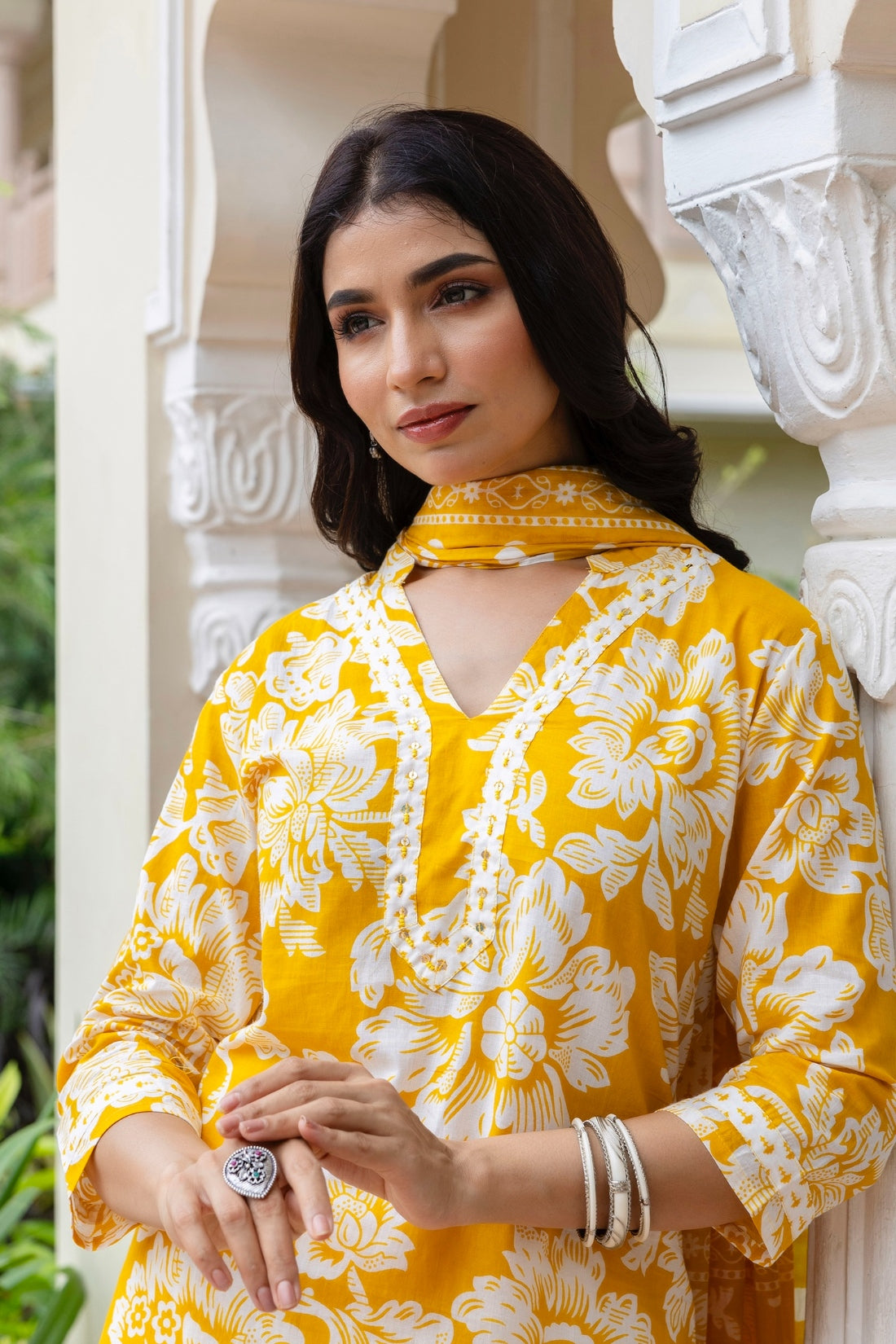 Soothing Yellow Floral Print Plackett Highlight Kurta Set with Palazzo Pants and Dupatta