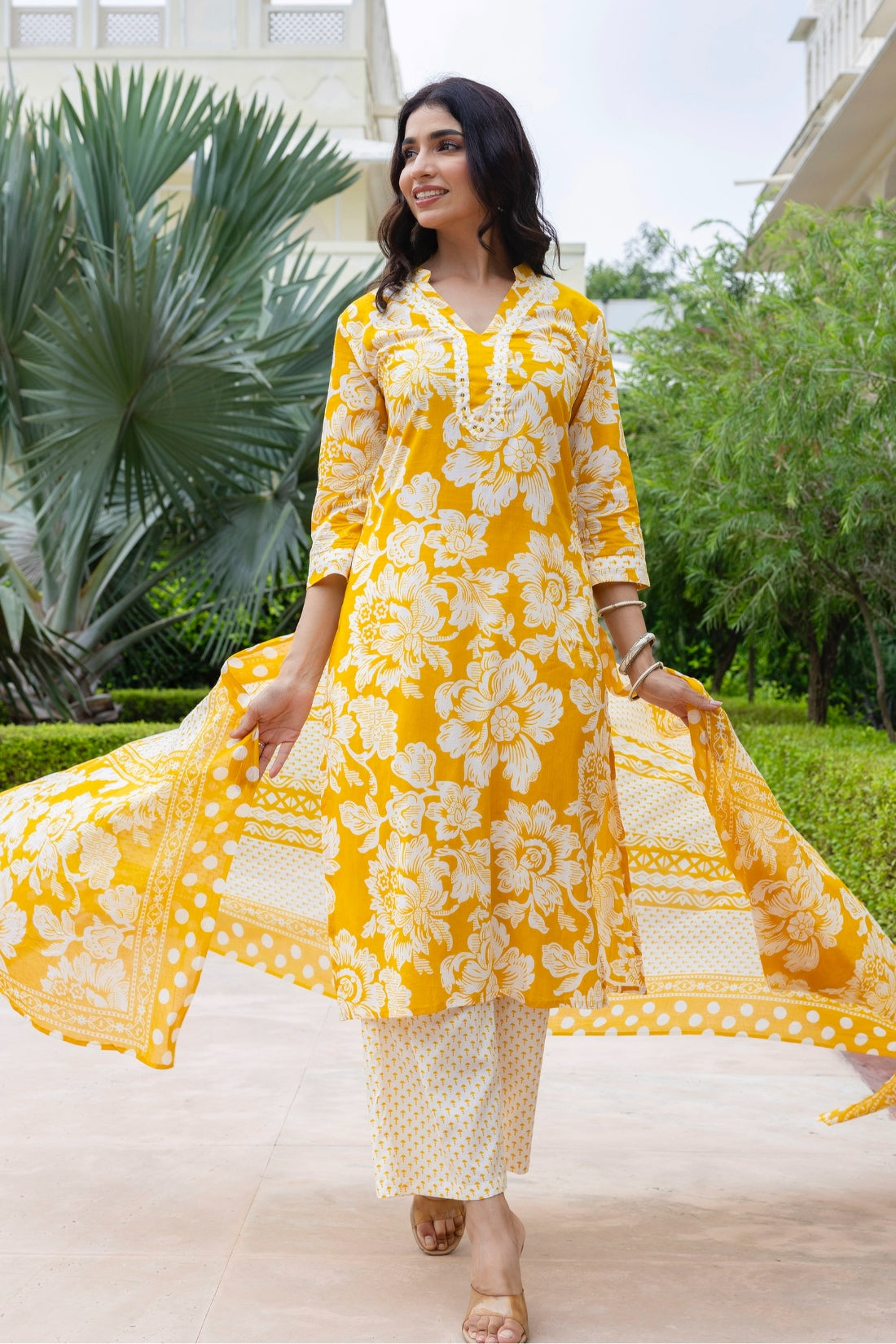 Soothing Yellow Floral Print Plackett Highlight Kurta Set with Palazzo Pants and Dupatta