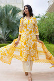 Soothing Yellow Floral Print Plackett Highlight Kurta Set with Palazzo Pants and Dupatta