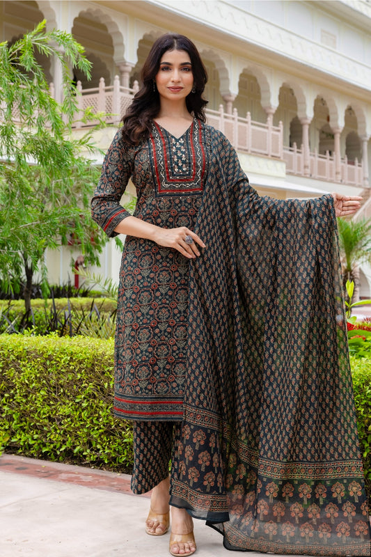 Dark Green Ajrakh Print Yoke Design Kurta Set with Trousers and Dupatta