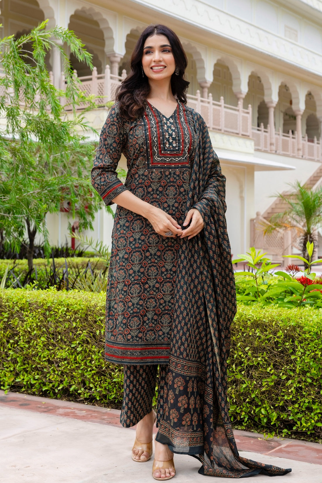 Dark Green Ajrakh Print Yoke Design Kurta Set with Trousers and Dupatta